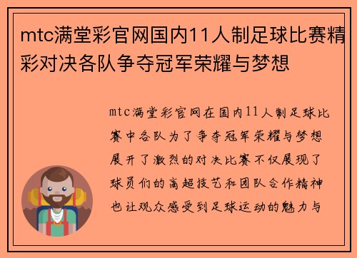 mtc满堂彩官网国内11人制足球比赛精彩对决各队争夺冠军荣耀与梦想